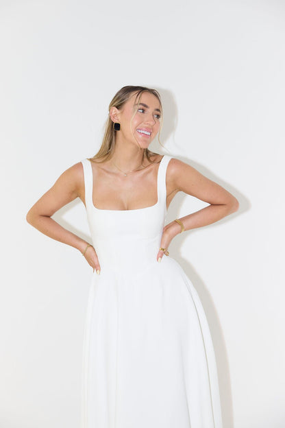 Square Neck Midi A-Line Dress in White