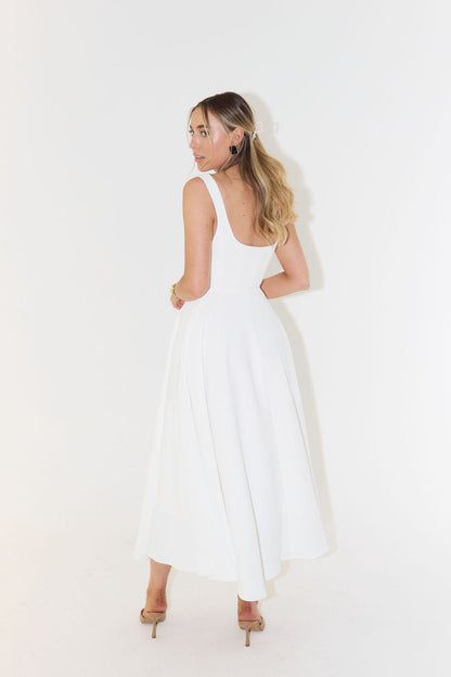 Square Neck Midi A-Line Dress in White