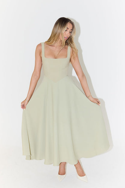 Square Neck Midi A-Line Dress in White