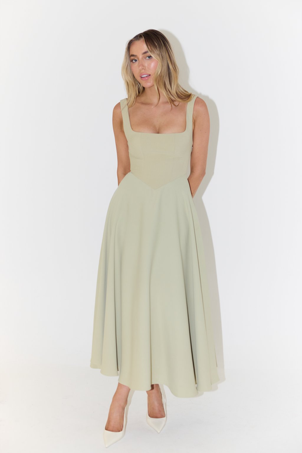 Square Neck Midi A-Line Dress in White