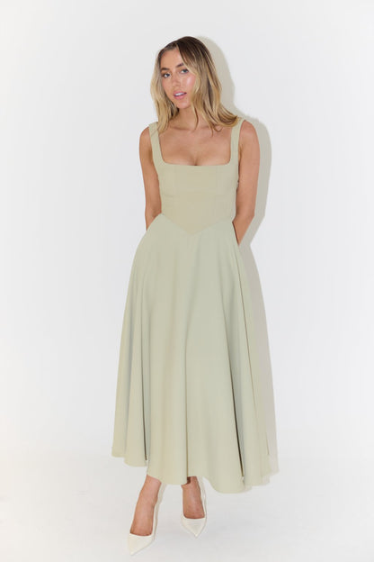 Square Neck Midi A-Line Dress in White