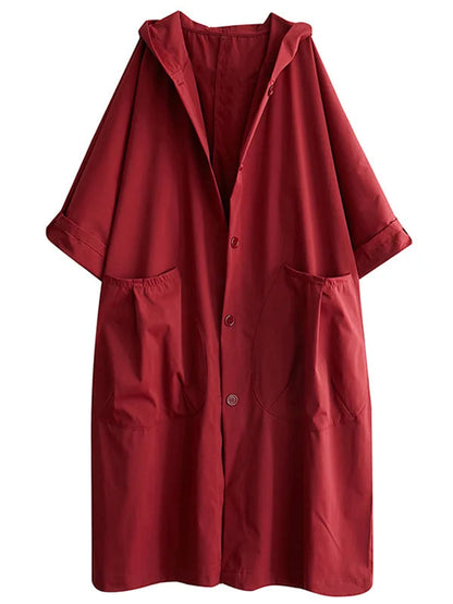 Loose-Fit Cloak-Style Hooded Coat with Pockets