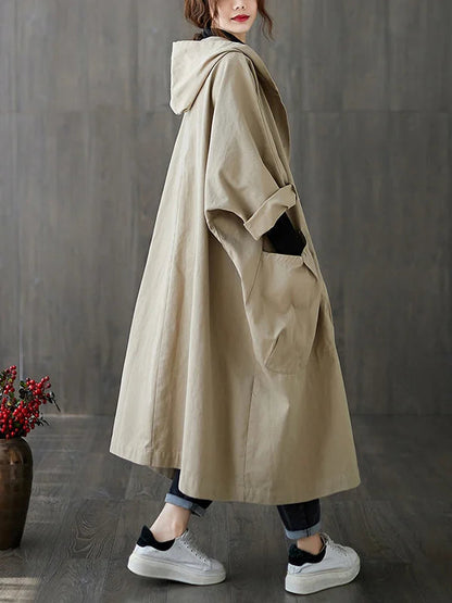 Loose-Fit Cloak-Style Hooded Coat with Pockets