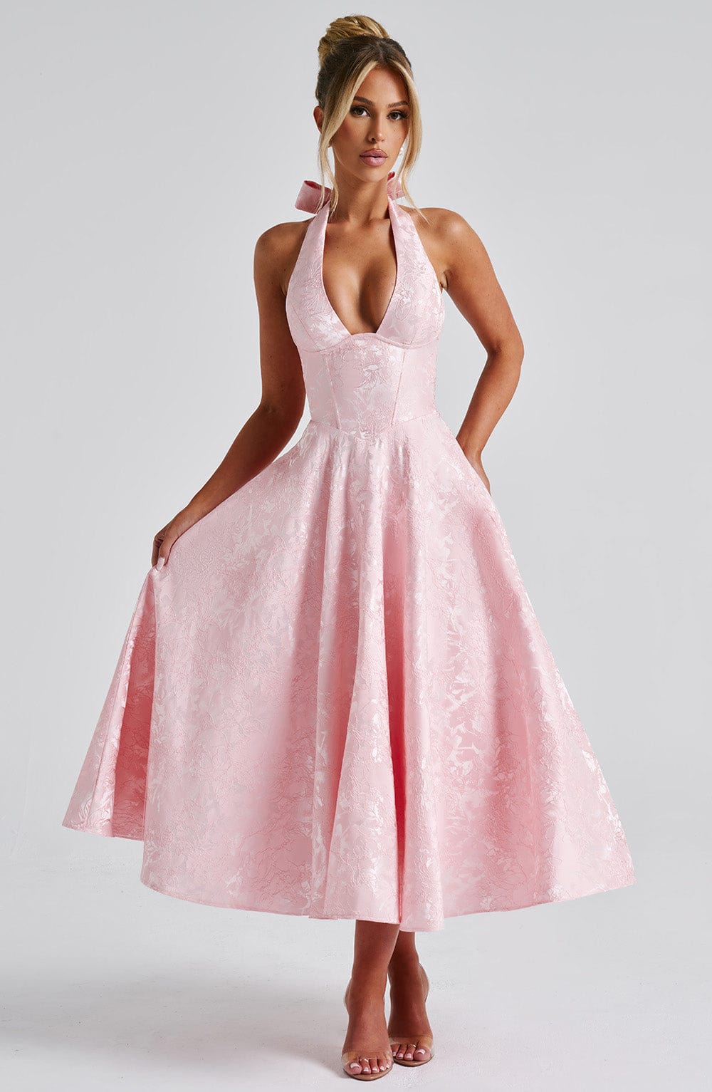 Halter-Neck Textured Midi Dress