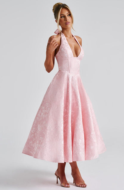 Halter-Neck Textured Midi Dress