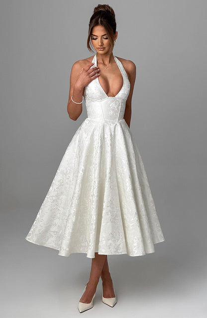 Halter-Neck Textured Midi Dress