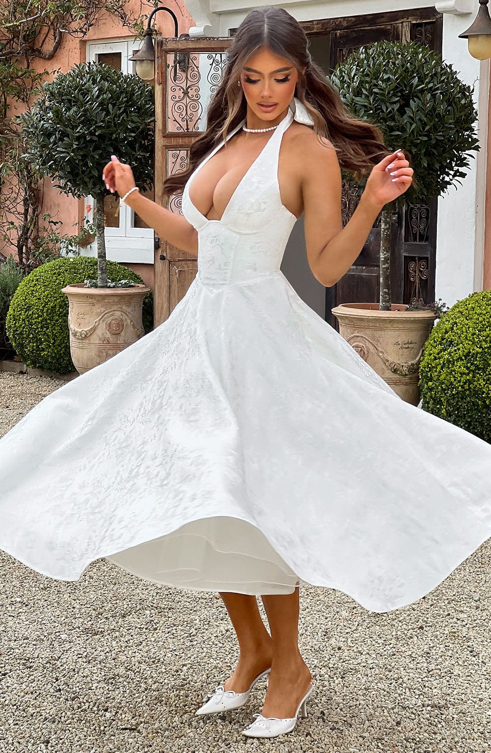 Halter-Neck Textured Midi Dress