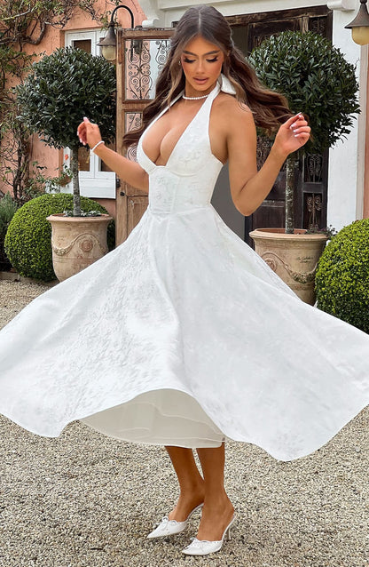 Halter-Neck Textured Midi Dress