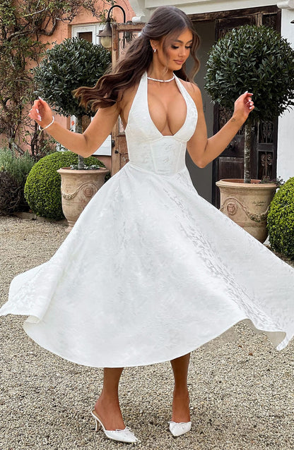 Halter-Neck Textured Midi Dress