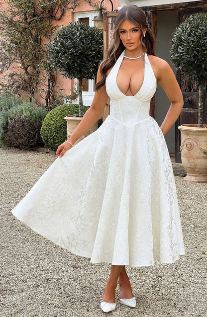 Halter-Neck Textured Midi Dress