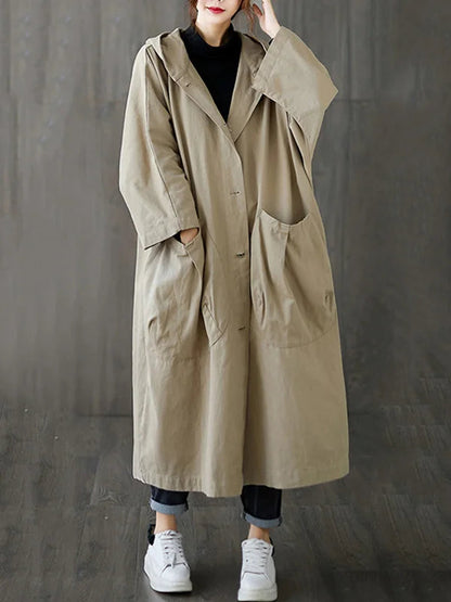 Loose-Fit Cloak-Style Hooded Coat with Pockets