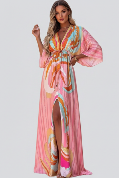 Women's Belted Print Maxi Dress with V-Neck