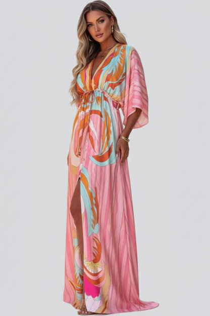 Women's Belted Print Maxi Dress with V-Neck