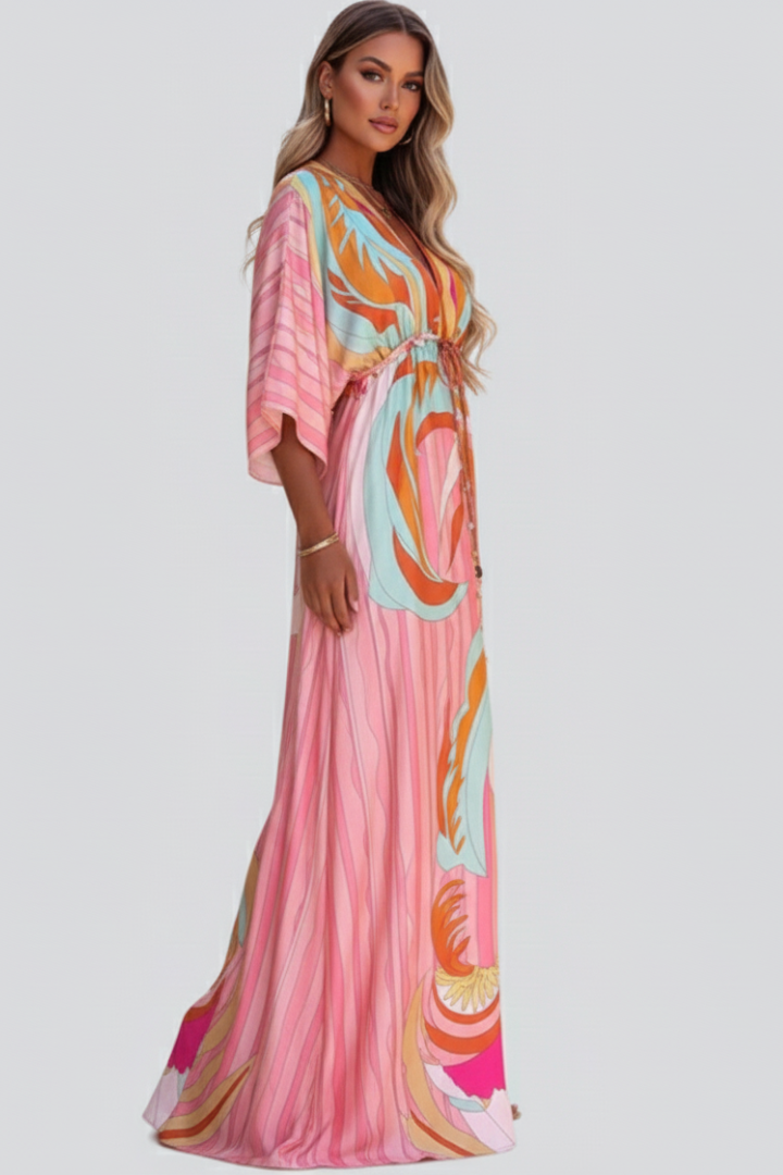 Women's Belted Print Maxi Dress with V-Neck