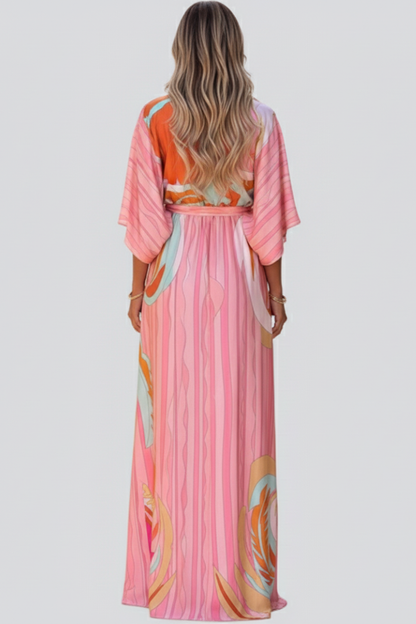Women's Belted Print Maxi Dress with V-Neck