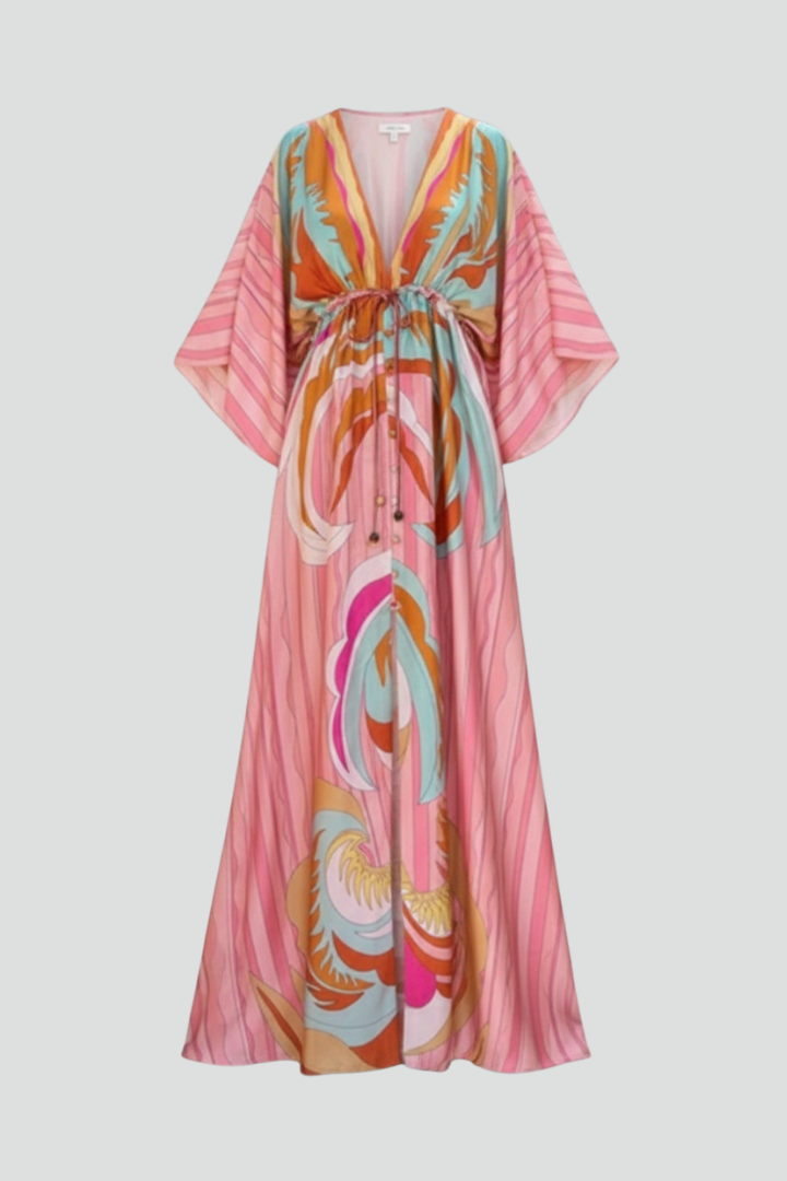 Women's Belted Print Maxi Dress with V-Neck