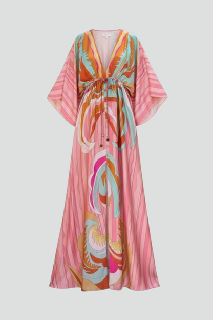 Women's Belted Print Maxi Dress with V-Neck