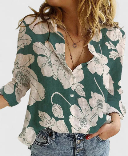 Relaxed V-Neck Linen-Blend Button Top