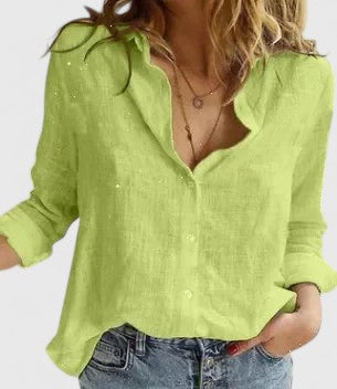 Relaxed V-Neck Linen-Blend Button Top
