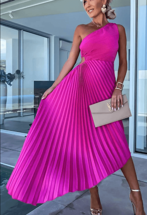 Women's One-Shoulder Pleated Maxi Evening Dress