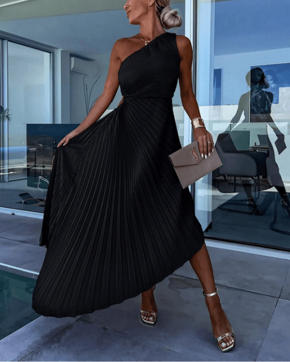 Women's One-Shoulder Pleated Maxi Evening Dress