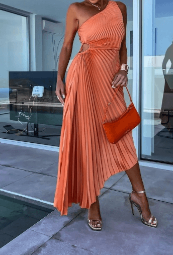 Women's One-Shoulder Pleated Maxi Evening Dress
