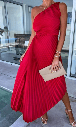 Women's One-Shoulder Pleated Maxi Evening Dress