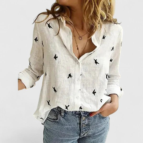 Relaxed V-Neck Linen-Blend Button Top