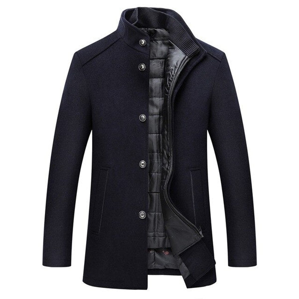 Men's Quilted-Lined Wool Blend Funnel Neck Overcoat
