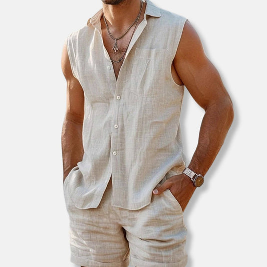Men's Sleeveless Shirt and Shorts Linen Co-ord Set