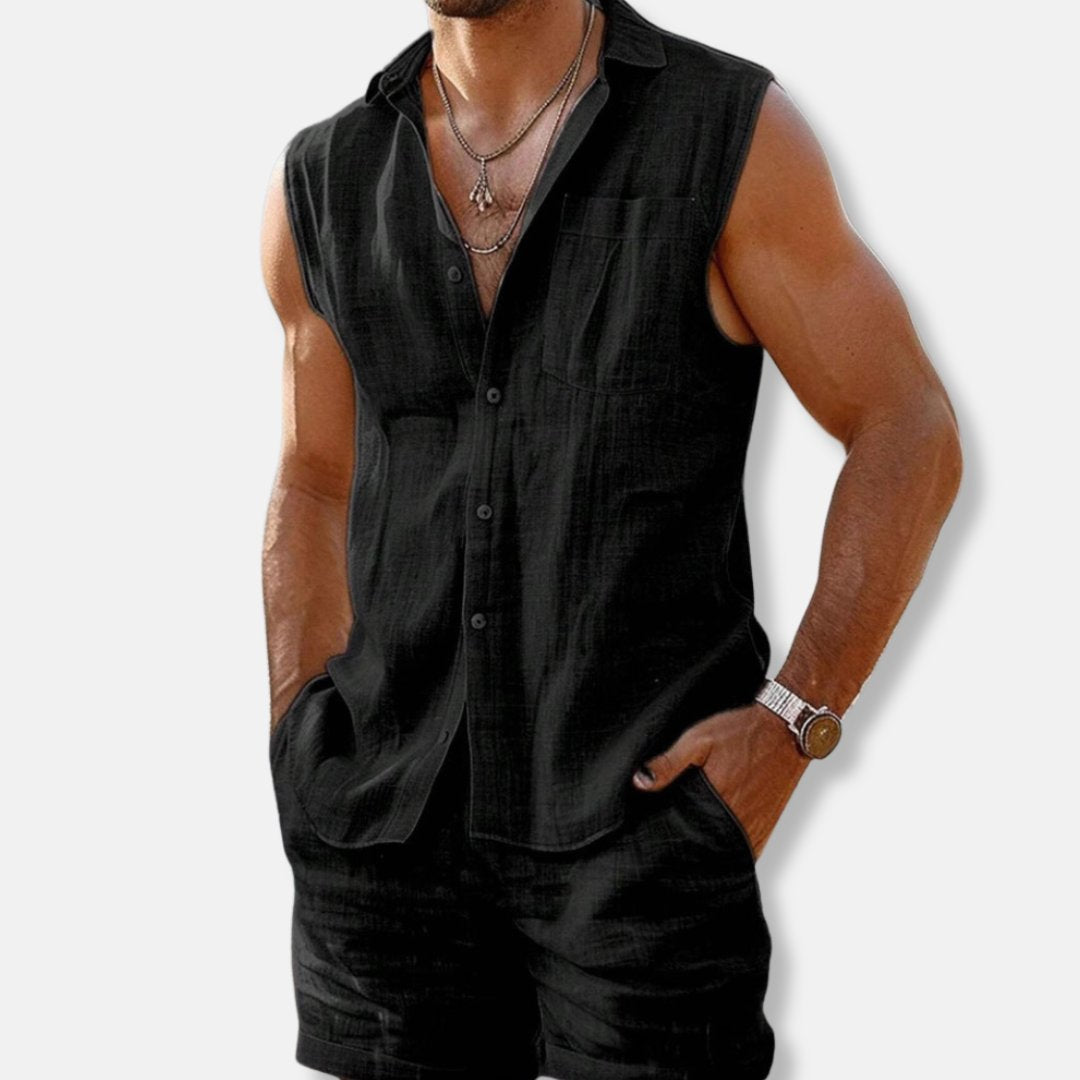 Men's Sleeveless Shirt and Shorts Linen Co-ord Set