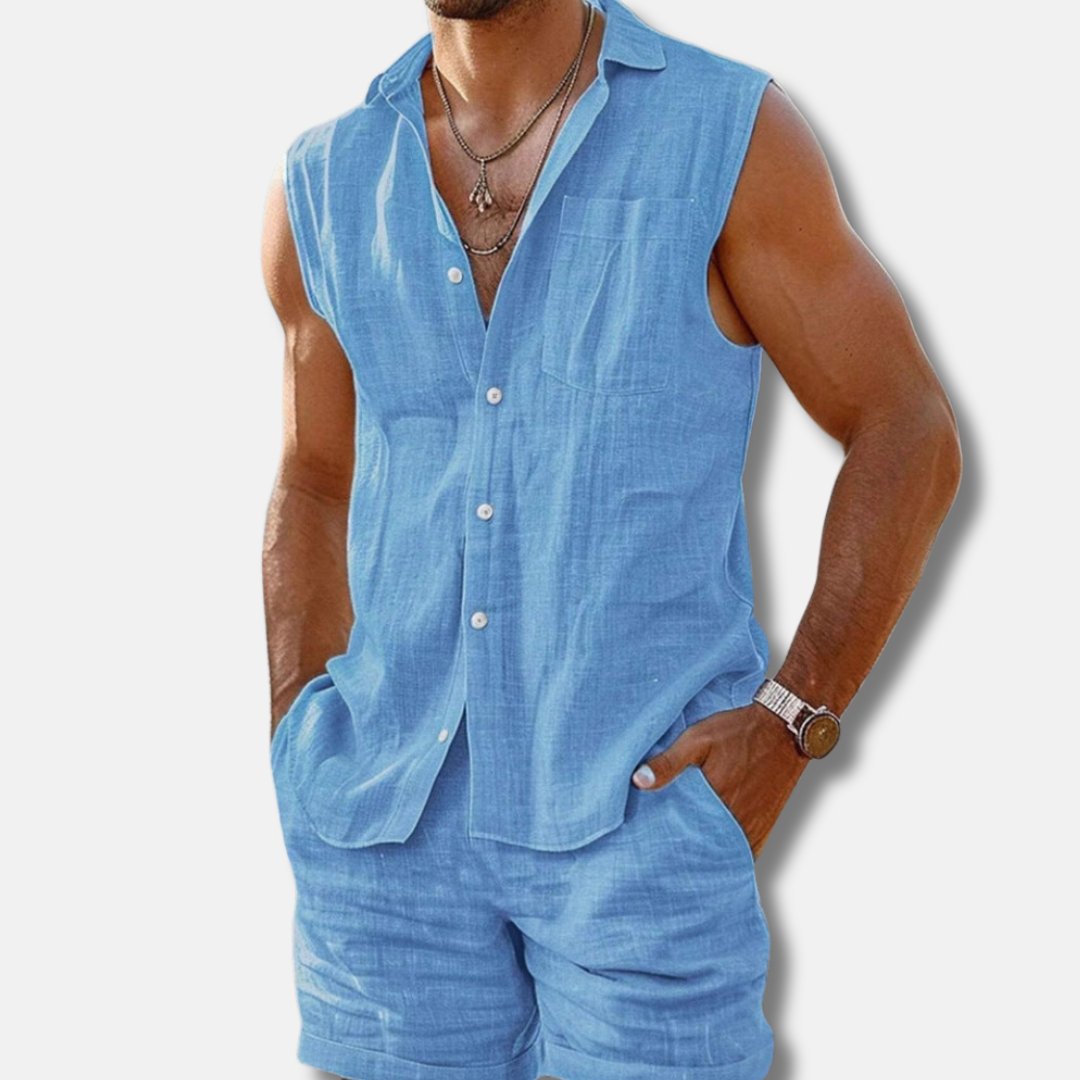 Men's Sleeveless Shirt and Shorts Linen Co-ord Set