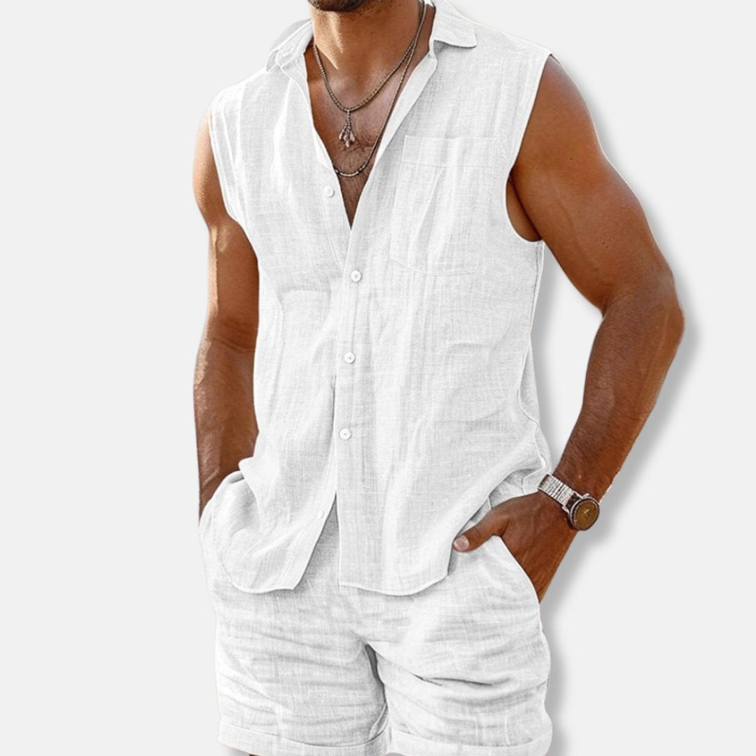 Men's Sleeveless Shirt and Shorts Linen Co-ord Set