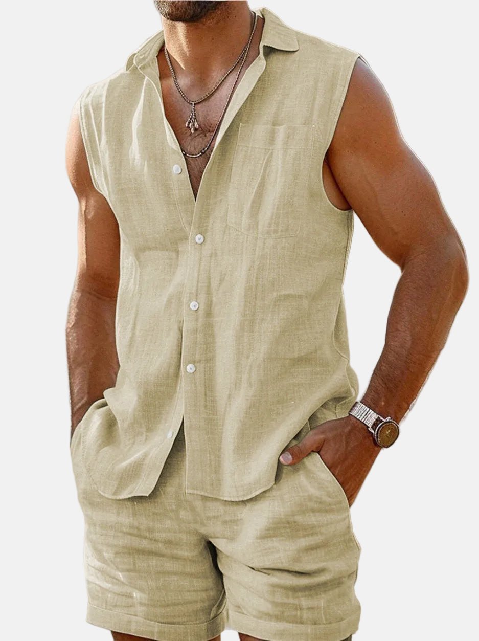 Men's Sleeveless Shirt and Shorts Linen Co-ord Set