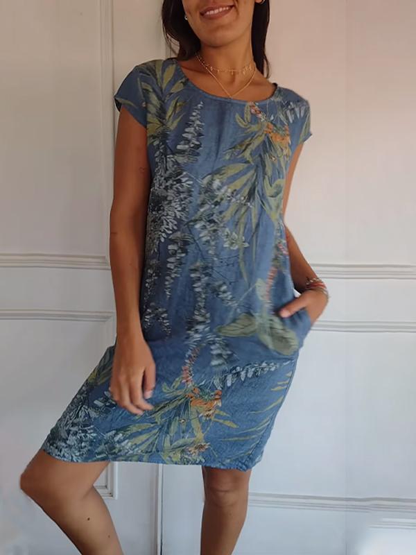 Women's Botanical Leaf Print Short-Sleeve Dress