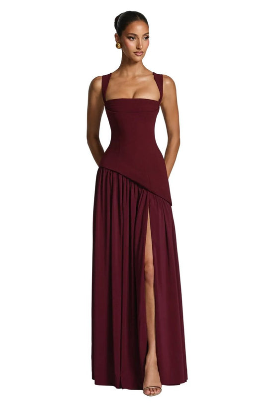Square Neck Pleated Evening Gown with Side Split