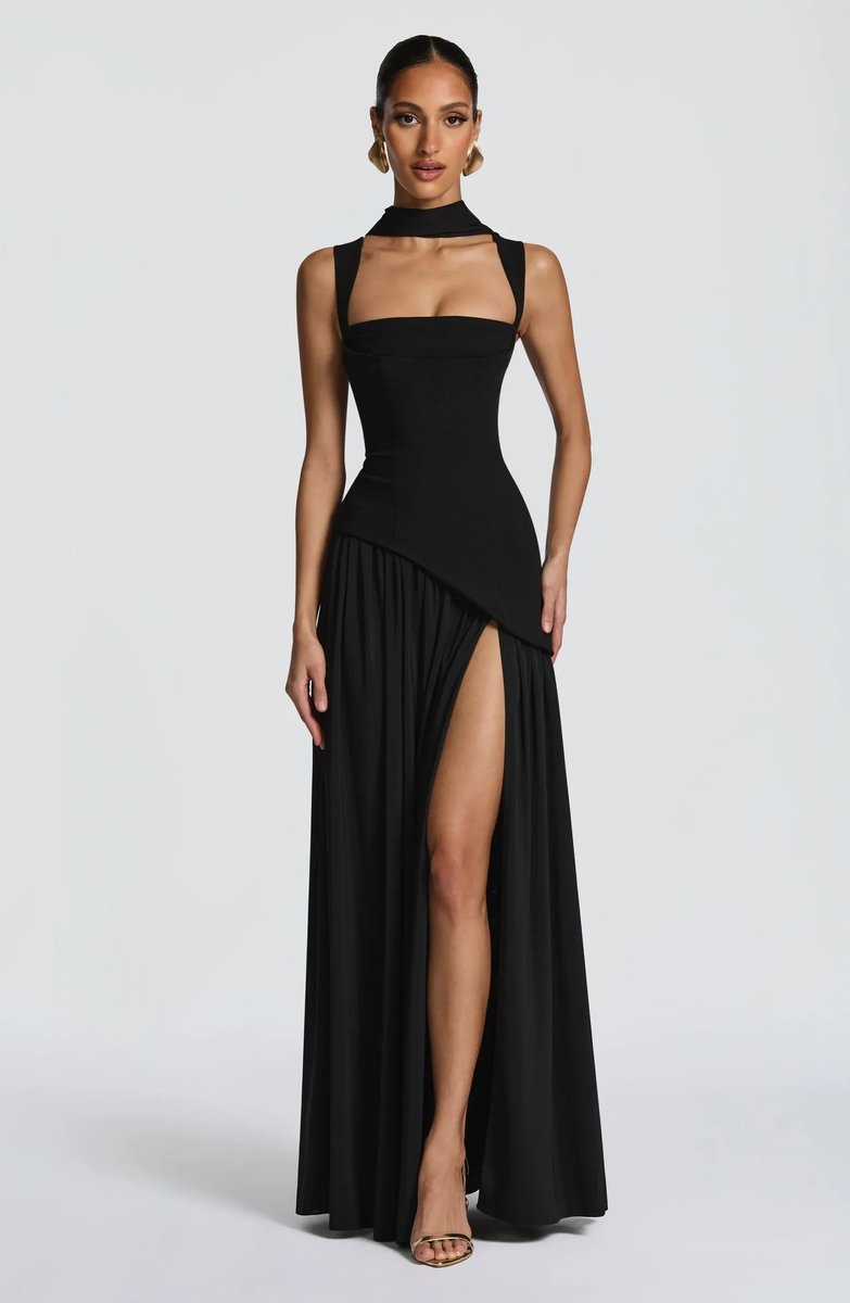 Square Neck Pleated Evening Gown with Side Split