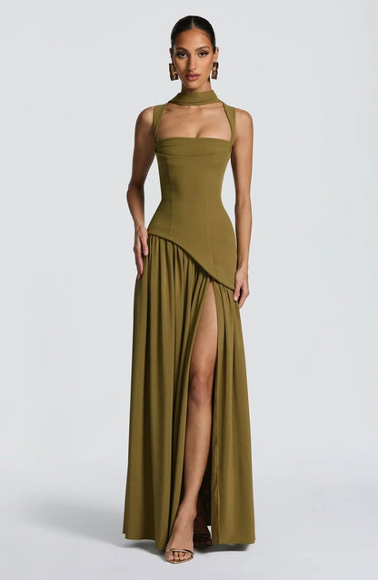 Square Neck Pleated Evening Gown with Side Split
