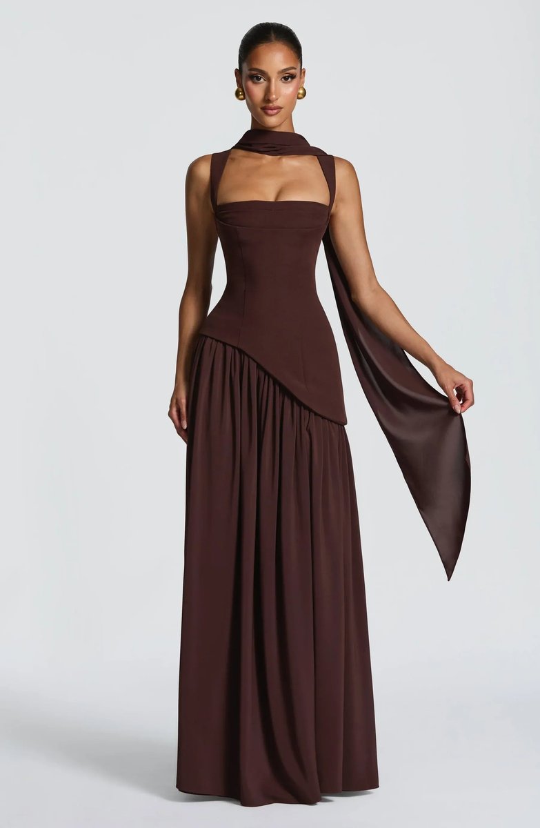 Square Neck Pleated Evening Gown with Side Split