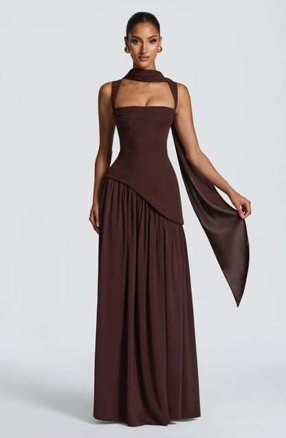 Square Neck Pleated Evening Gown with Side Split