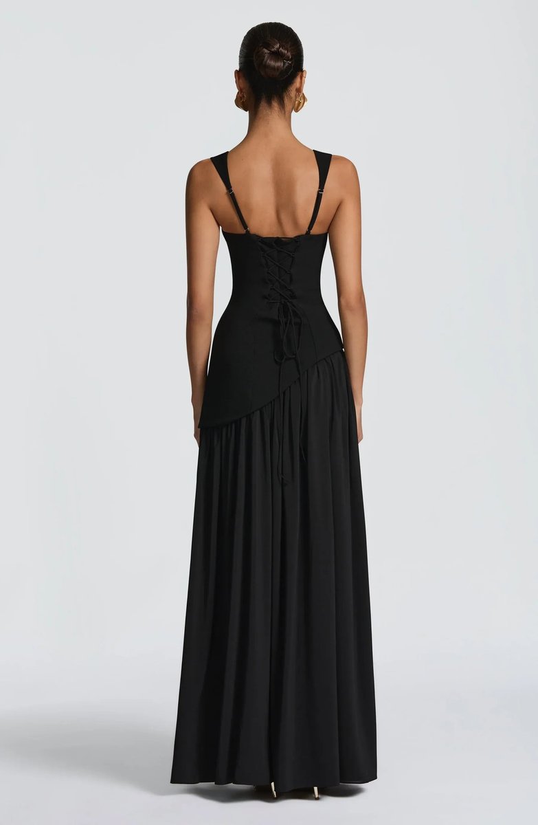 Square Neck Pleated Evening Gown with Side Split
