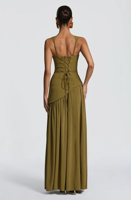 Square Neck Pleated Evening Gown with Side Split