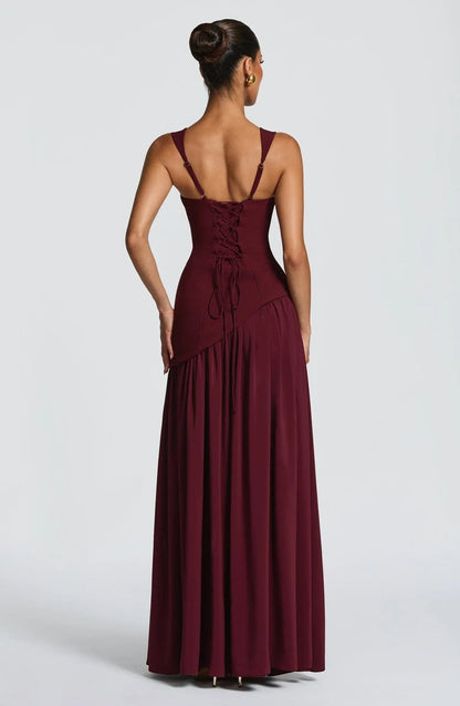 Square Neck Pleated Evening Gown with Side Split