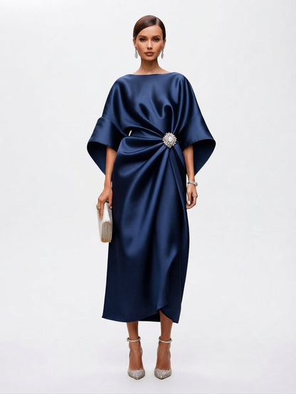 Draped Evening Maxi Dress with Brooch Accent