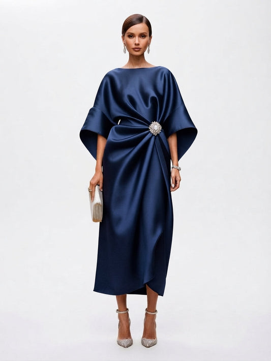 Draped Evening Maxi Dress with Brooch Accent