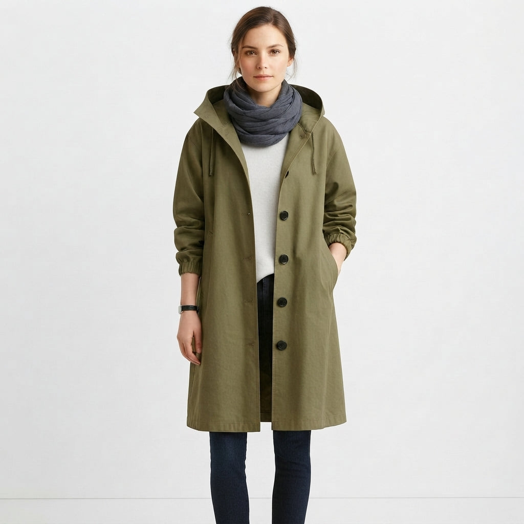 Hooded Longline Button-Front Casual Coat