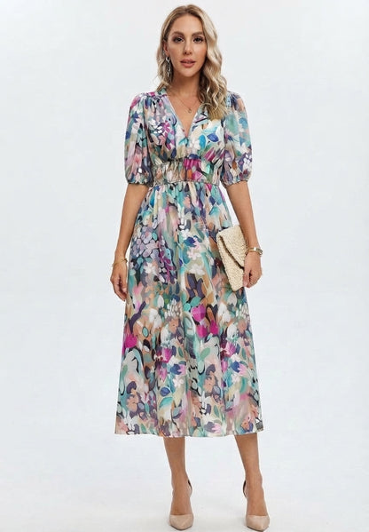 Floral Print V-Neck Midi Dress