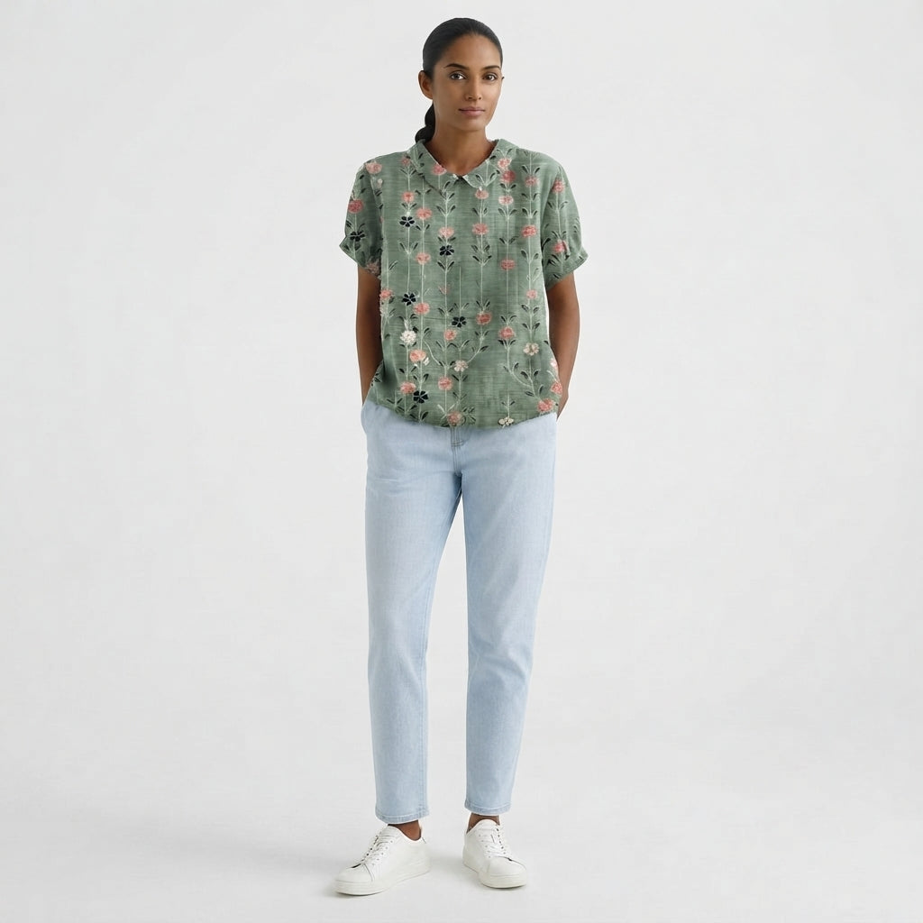 Collared Short Sleeve Floral Blouse