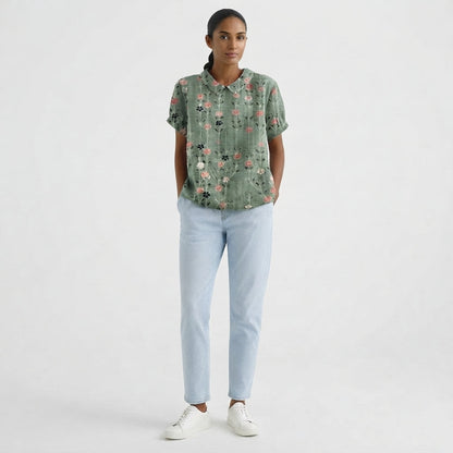 Collared Short Sleeve Floral Blouse