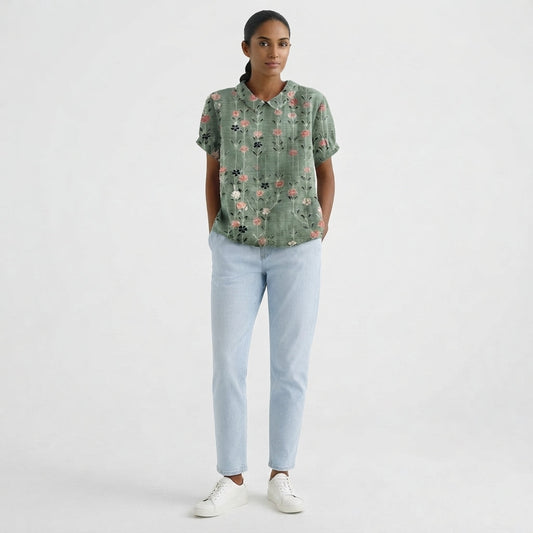 Collared Short Sleeve Floral Blouse